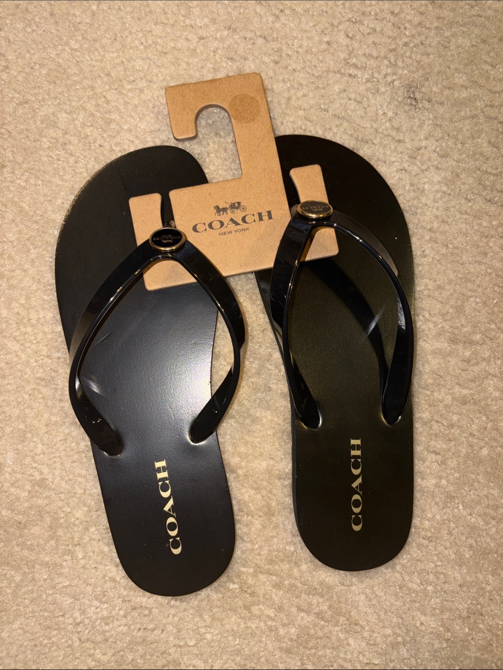 Coach Black Flip Flop Sandals with Gold Logo